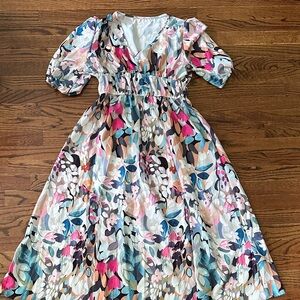 Pink and Green Smocked Puff Sleeve Midi Sundress